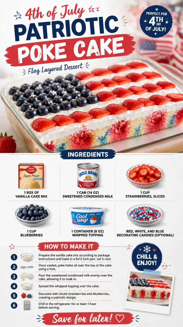 4th of July Patriotic Poke Cake with layers resembling the American flag.