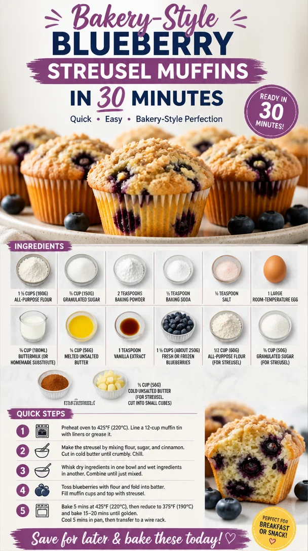 Bakery-style blueberry streusel muffins fresh out of the oven