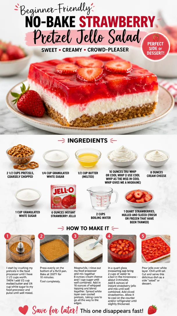 Delicious no-bake strawberry pretzel jello salad with whipped cream topping