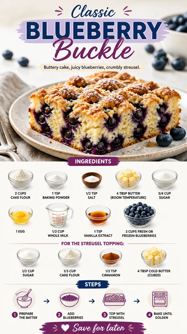 Classic blueberry buckle dessert with juicy blueberries and crumb topping