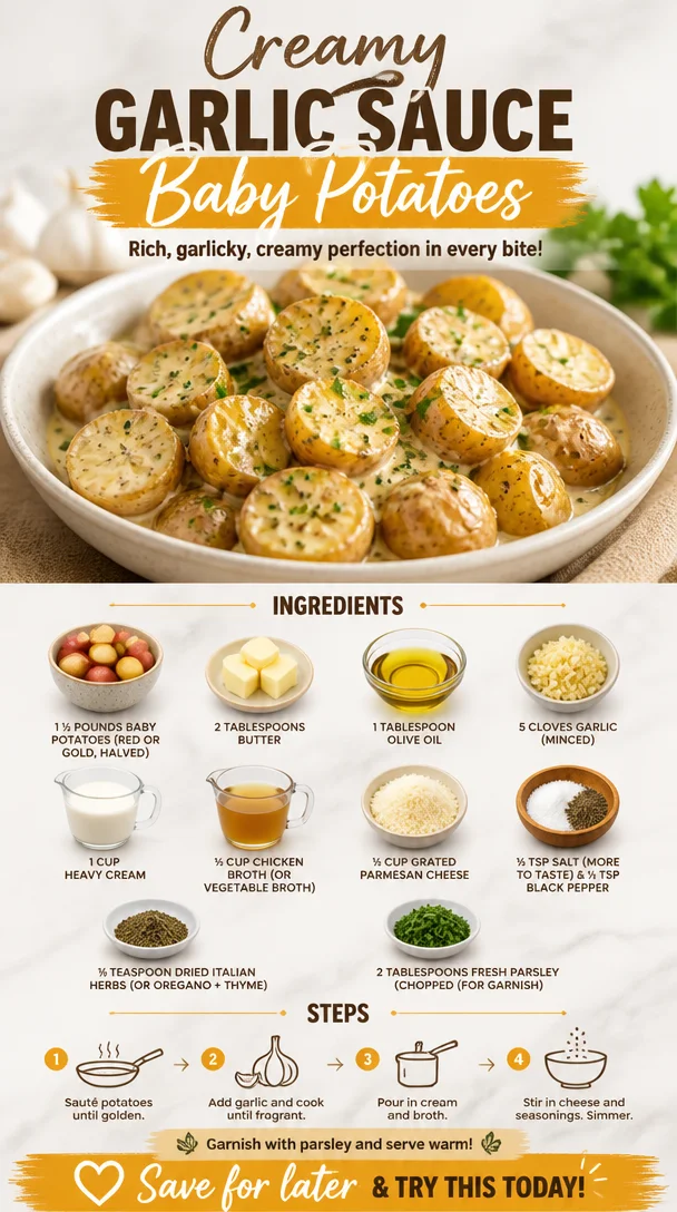 Creamy garlic sauce coated baby potatoes on a wooden table
