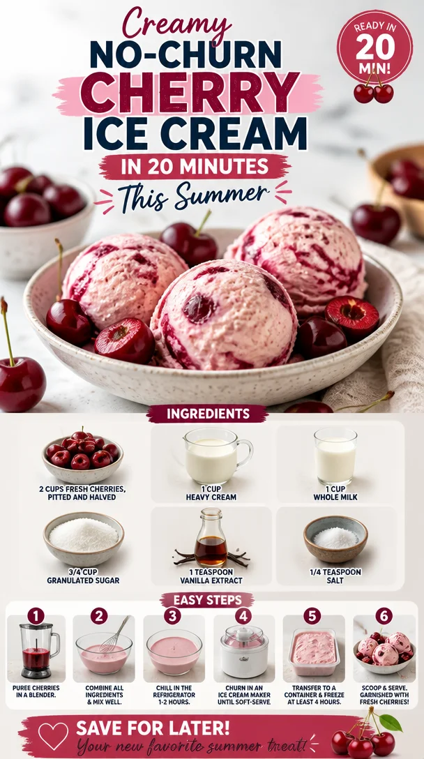 Homemade creamy no-churn cherry ice cream served in a bowl.