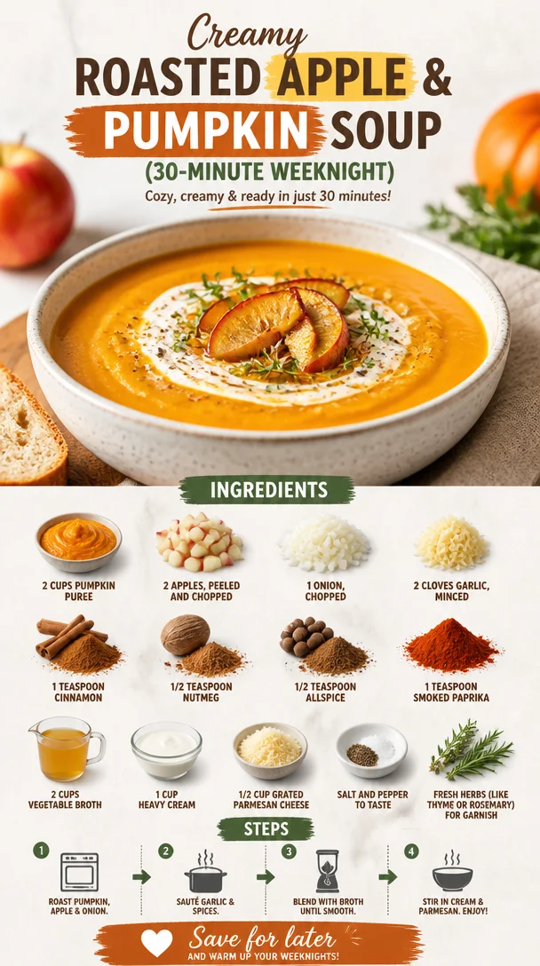 Bowl of creamy roasted apple & pumpkin soup garnished with herbs