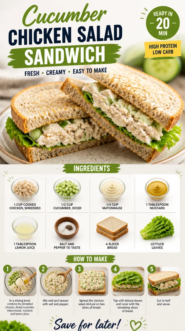 Cucumber Chicken Salad Sandwich with fresh ingredients served on a plate.