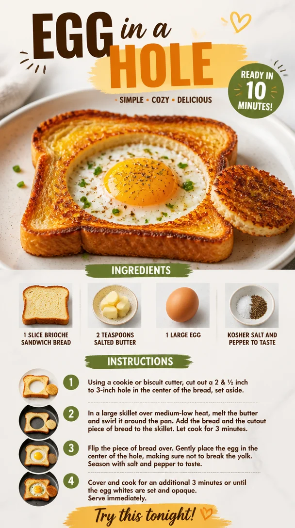 A tasty Egg in a Hole breakfast dish cooked in golden toast.