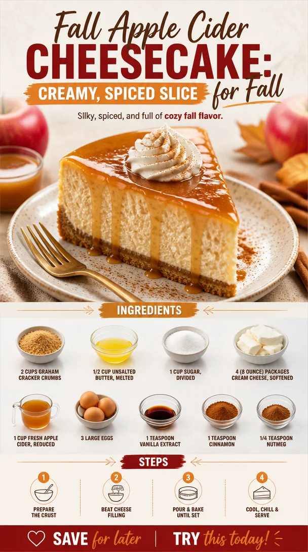 Slice of fall apple cider cheesecake with spiced topping and autumn decor