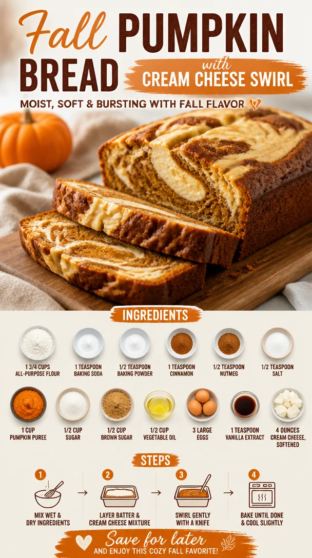 Slice of fall pumpkin bread with cream cheese swirl on a wooden board