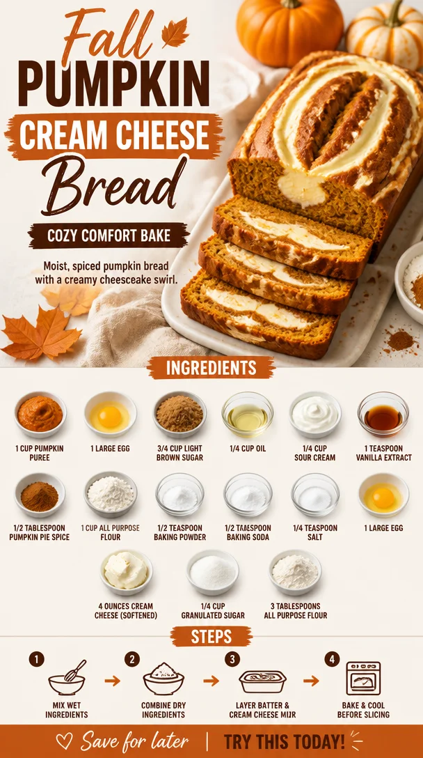 Loaf of fall pumpkin cream cheese bread with spices and cream cheese swirl.