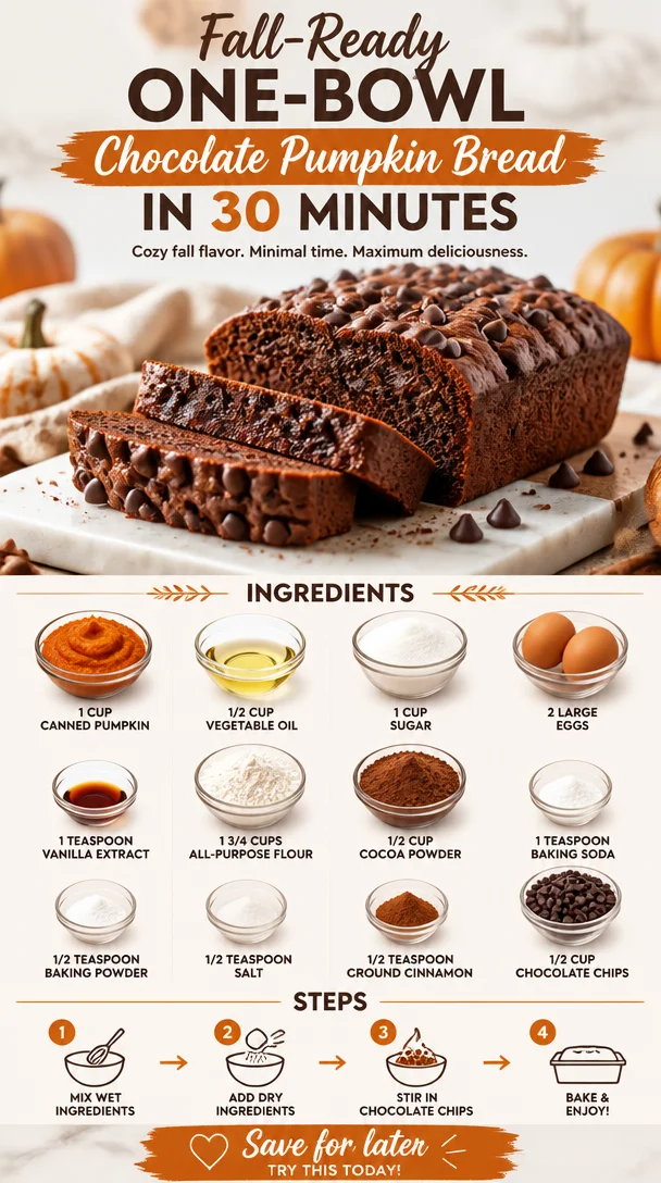 Delicious fall chocolate pumpkin bread in a one-bowl recipe