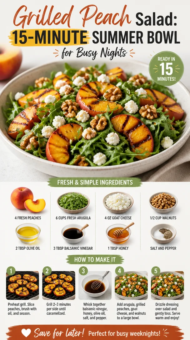 Fresh grilled peach salad with greens and dressing on a plate