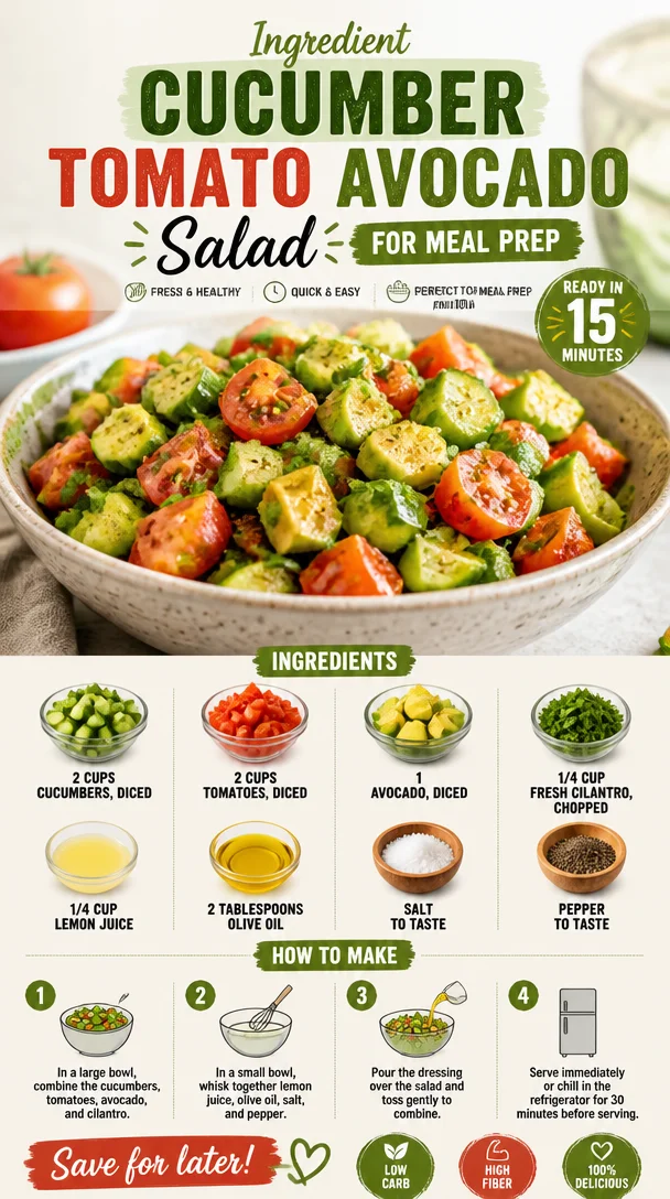Cucumber tomato avocado salad in a bowl, perfect for meal prep.
