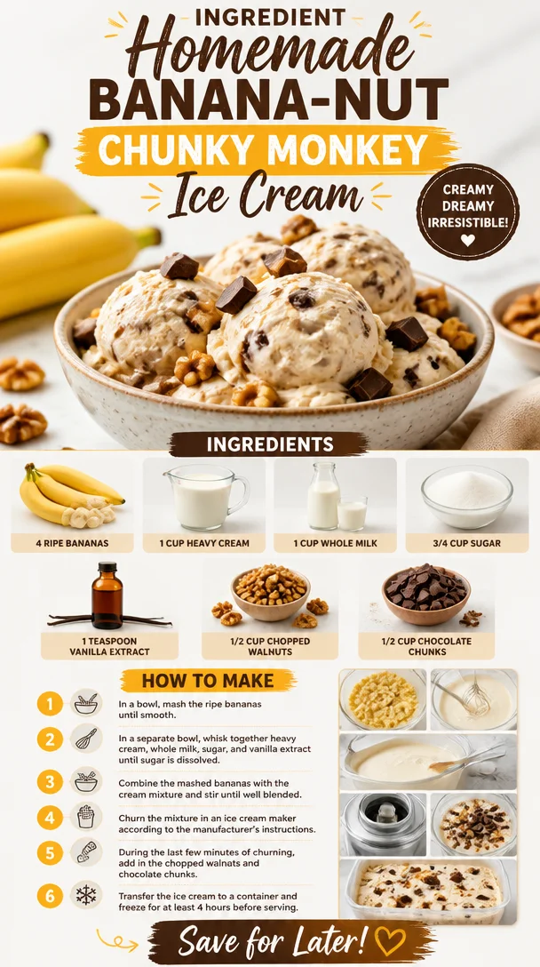 Bowl of homemade banana-nut chunky monkey ice cream with nuts and banana slices