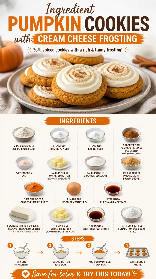Pumpkin cookies with cream cheese frosting on a rustic wooden table.