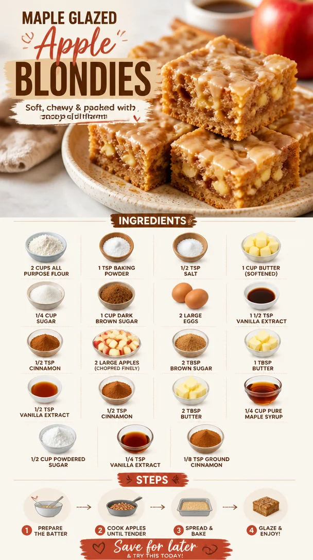 Deliciously baked maple glazed apple blondies with a golden-brown top.