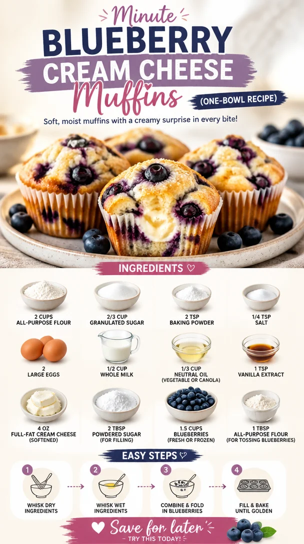 Delicious Minute Blueberry Cream Cheese Muffins fresh from the oven
