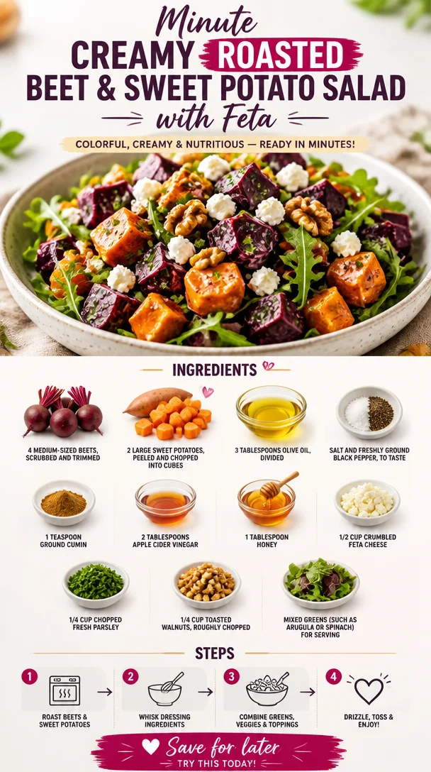 Creamy roasted beet salad with sweet potatoes and feta cheese