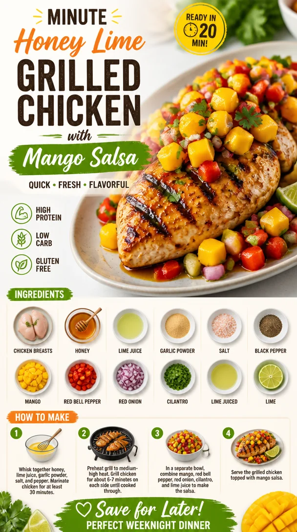 Delicious Minute Honey Lime Grilled Chicken served with Mango Salsa