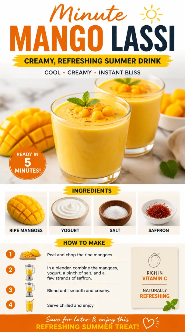 Creamy and refreshing Mango Lassi served in a glass, ideal summer drink
