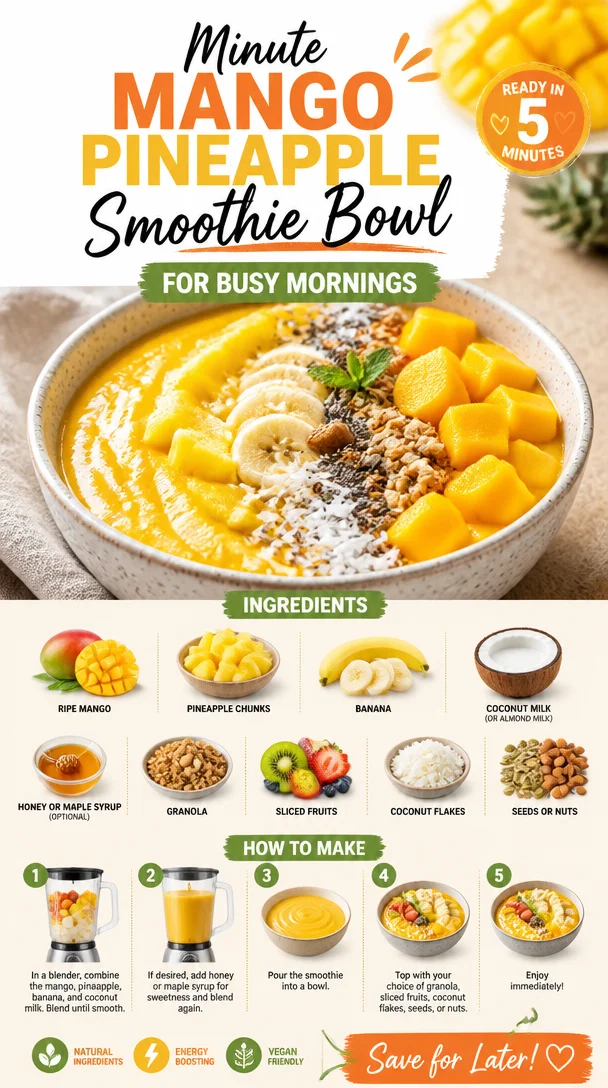 Delicious mango pineapple smoothie bowl topped with fruits and granola
