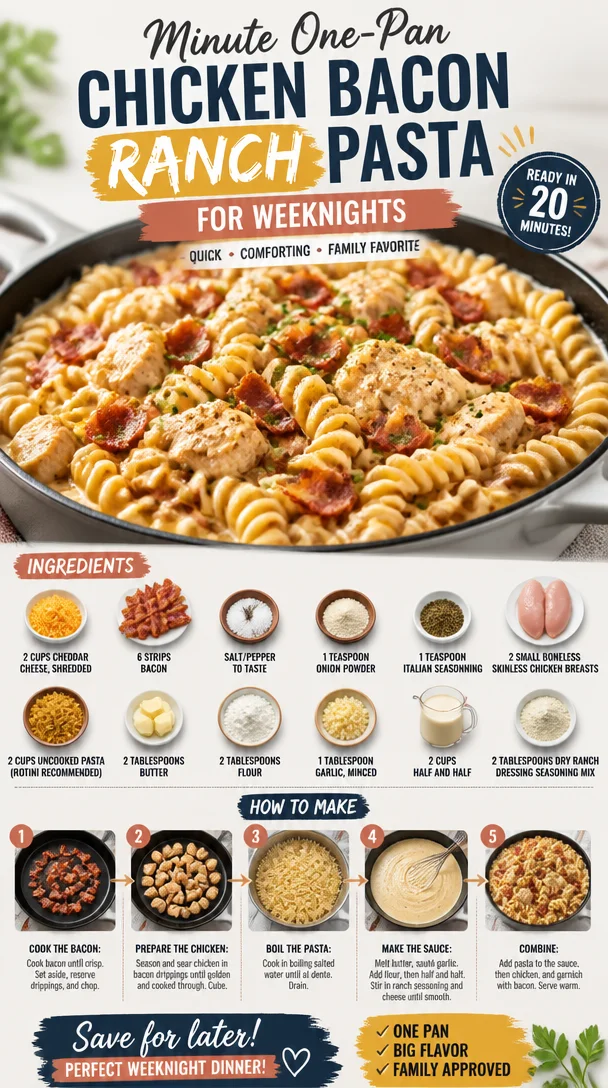 One-pan chicken bacon ranch pasta dish with herbs and cheese