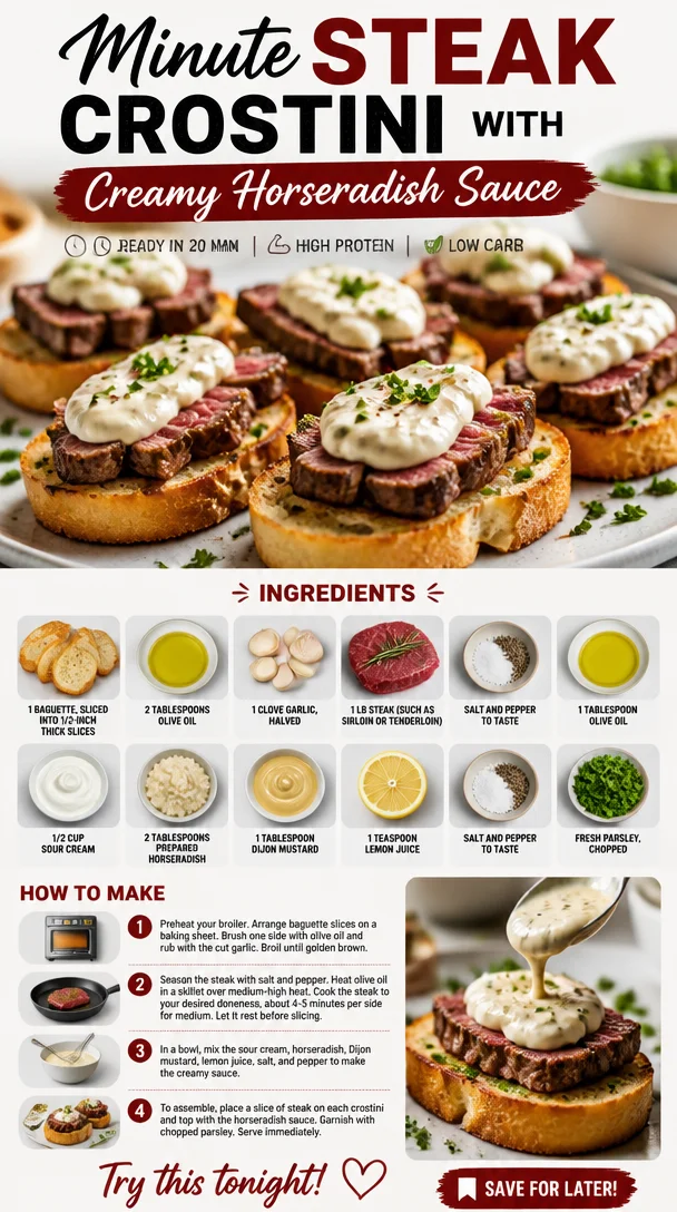 Minute Steak Crostini topped with creamy horseradish sauce on a serving platter.
