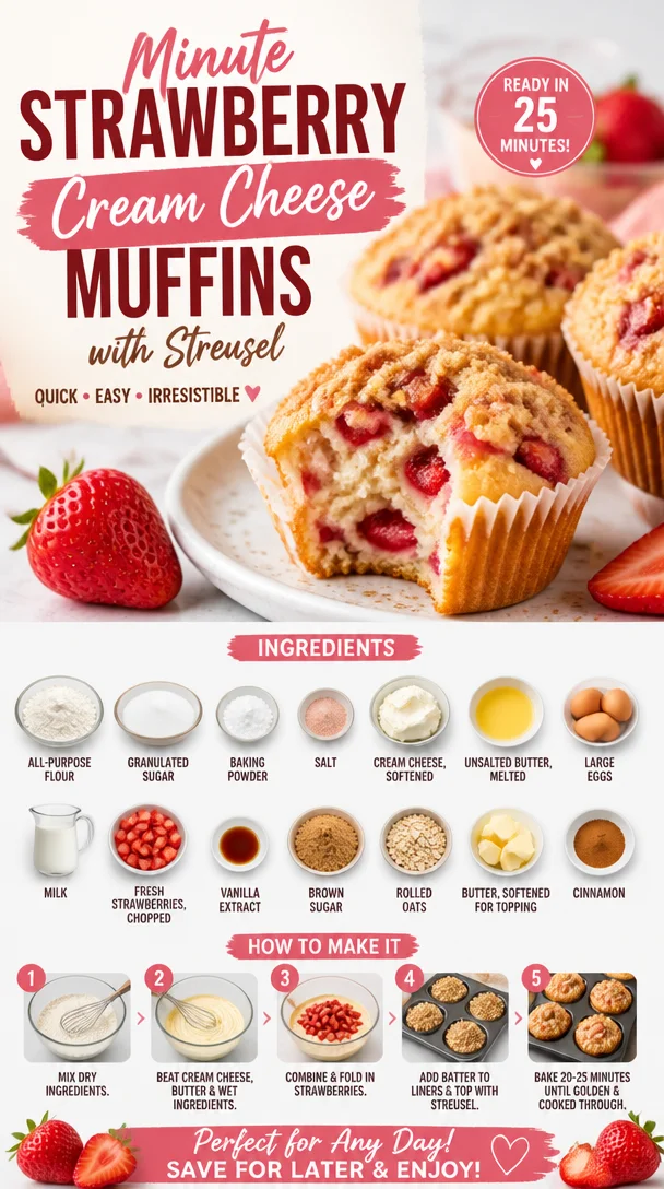 Freshly baked strawberry cream cheese muffins topped with streusel
