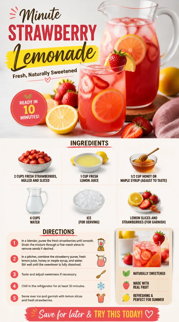 Glass of refreshing Minute Strawberry Lemonade with fresh strawberries and lemon slices