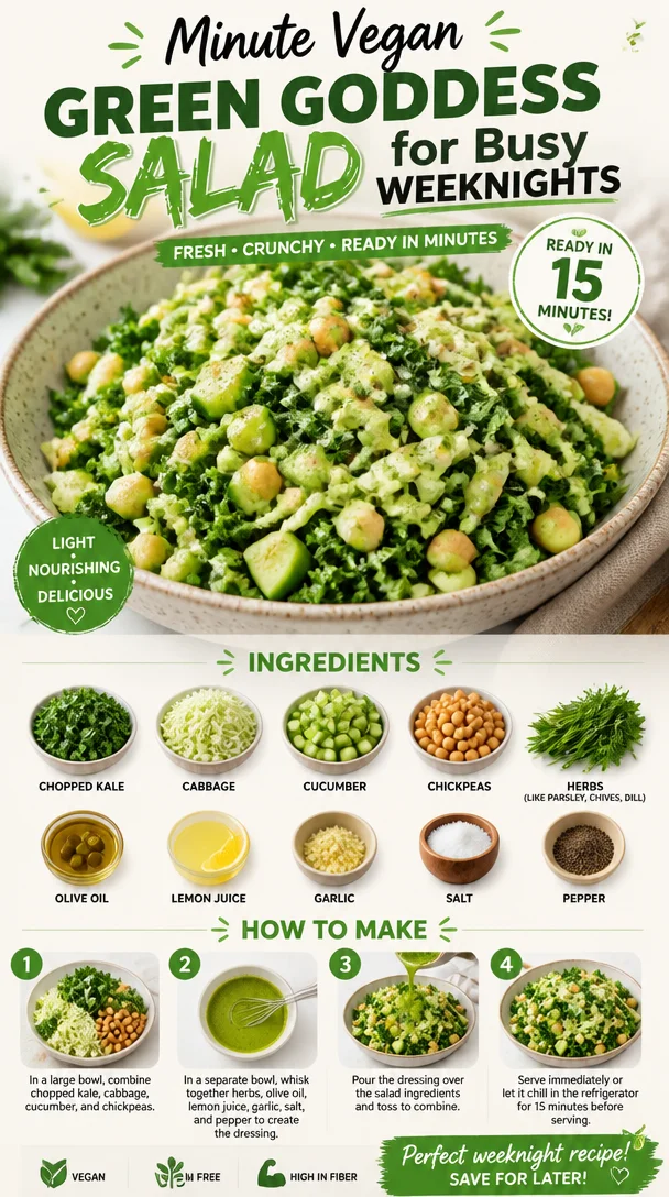 A vibrant Vegan Green Goddess Salad with fresh greens and dressing, perfect for quick weeknight meals.