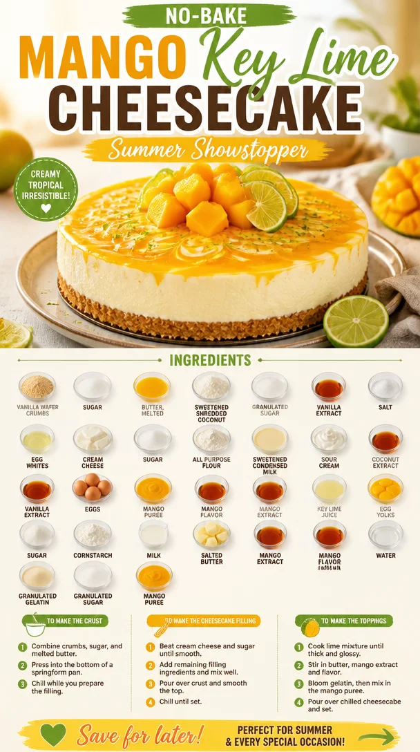 No-Bake Mango Key Lime Cheesecake topped with fresh mango slices