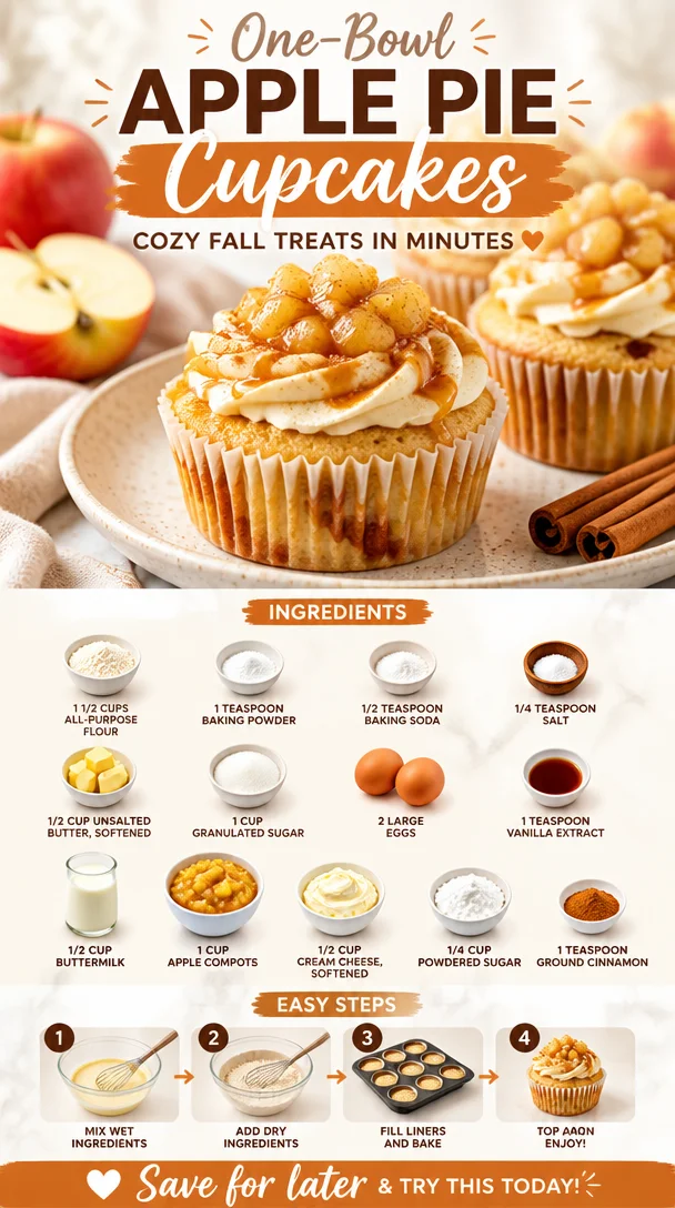 Delicious one-bowl apple pie cupcakes topped with cinnamon frosting