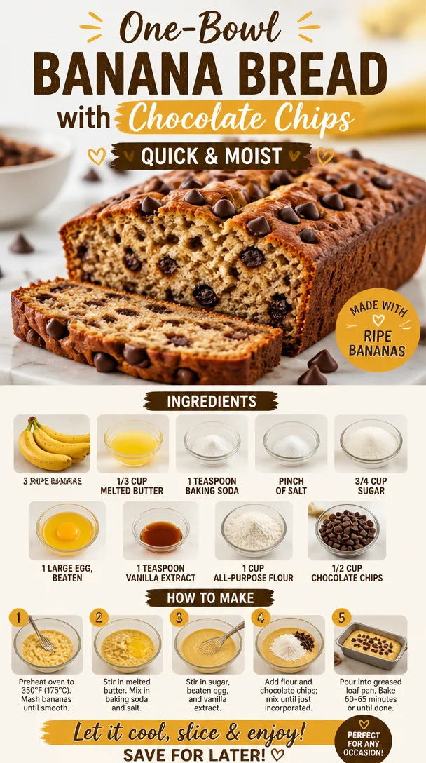 One-bowl banana bread with chocolate chips, quick and moist recipe