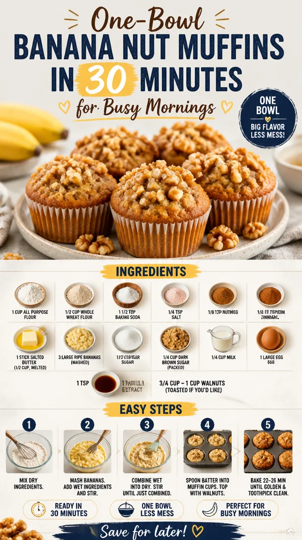 Freshly baked one-bowl banana nut muffins on a cooling rack
