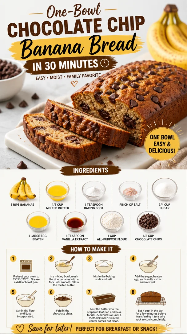 One-bowl chocolate chip banana bread fresh out of the oven.