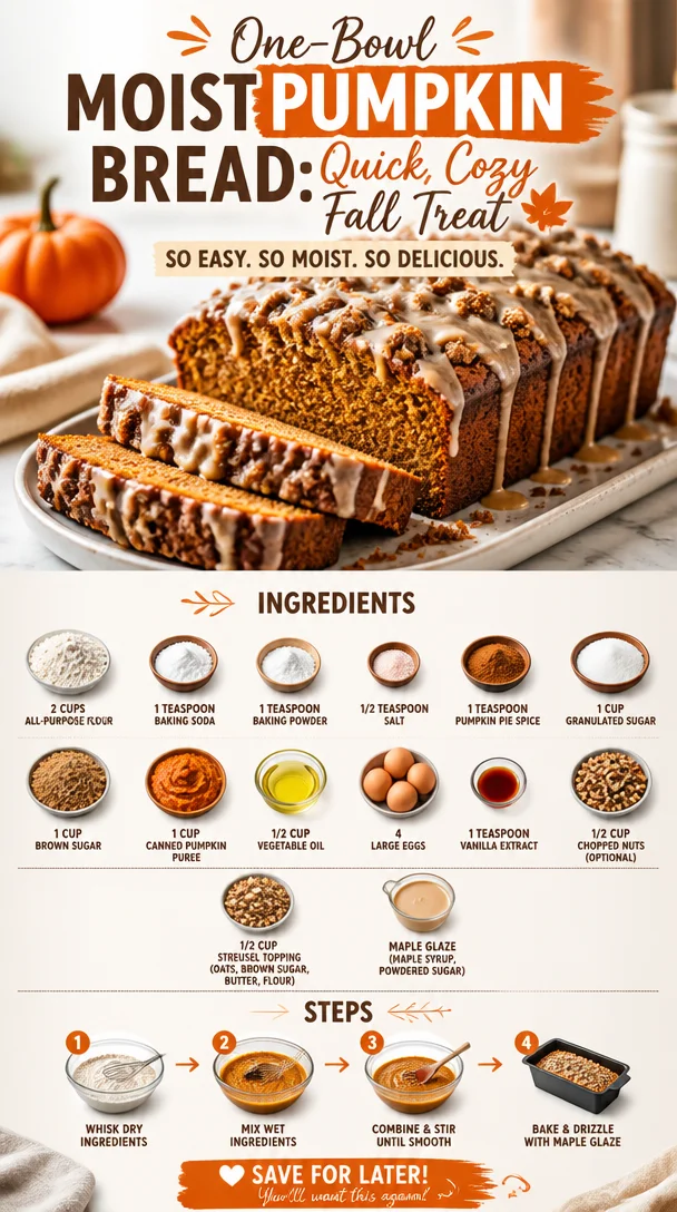 One-bowl moist pumpkin bread, a cozy fall treat ready to enjoy.