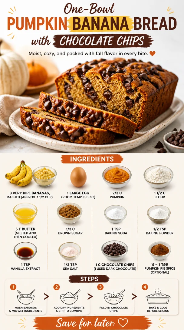 One-bowl pumpkin banana bread with chocolate chips in a baking dish