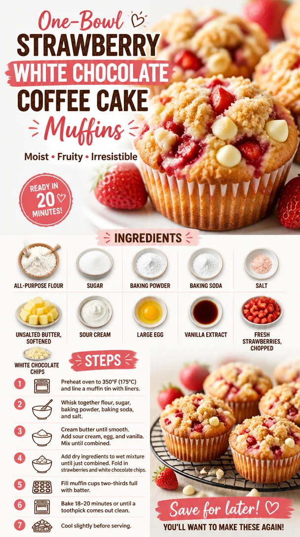 One-bowl strawberry white chocolate coffee cake muffins ready to enjoy
