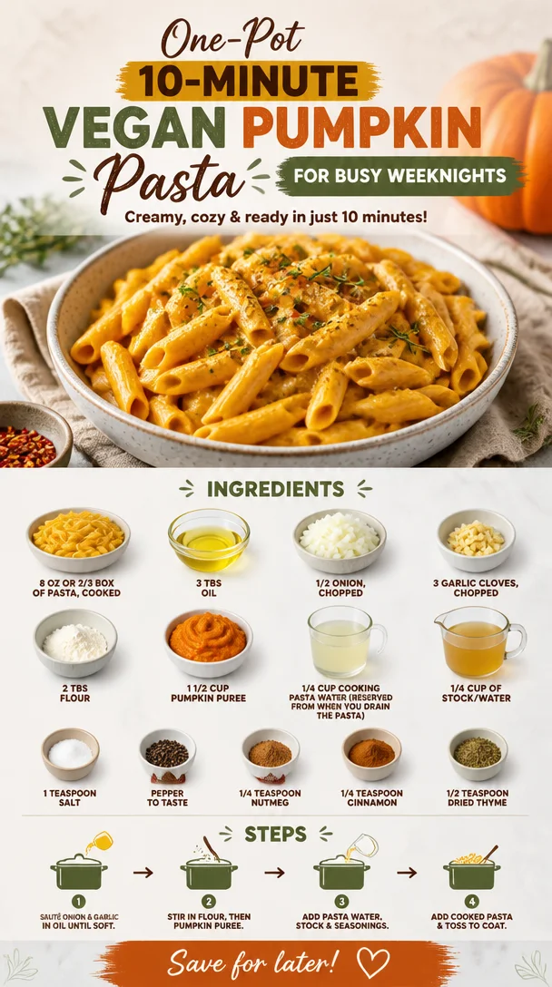 Bowl of one-pot 10-minute vegan pumpkin pasta garnished with herbs