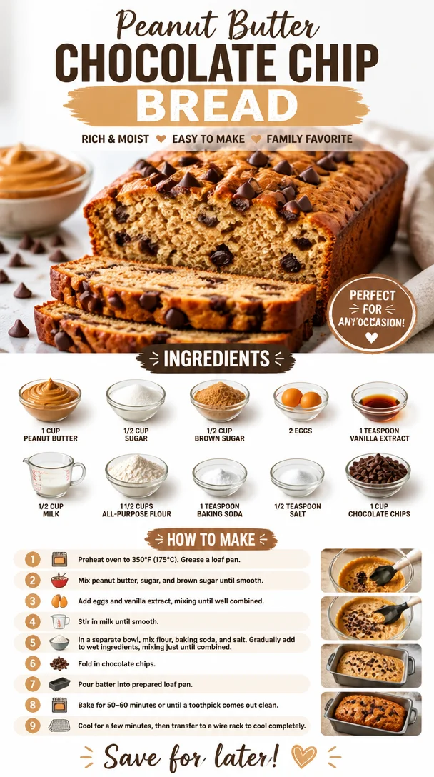 Freshly baked Peanut Butter Chocolate Chip Bread sliced on a wooden board