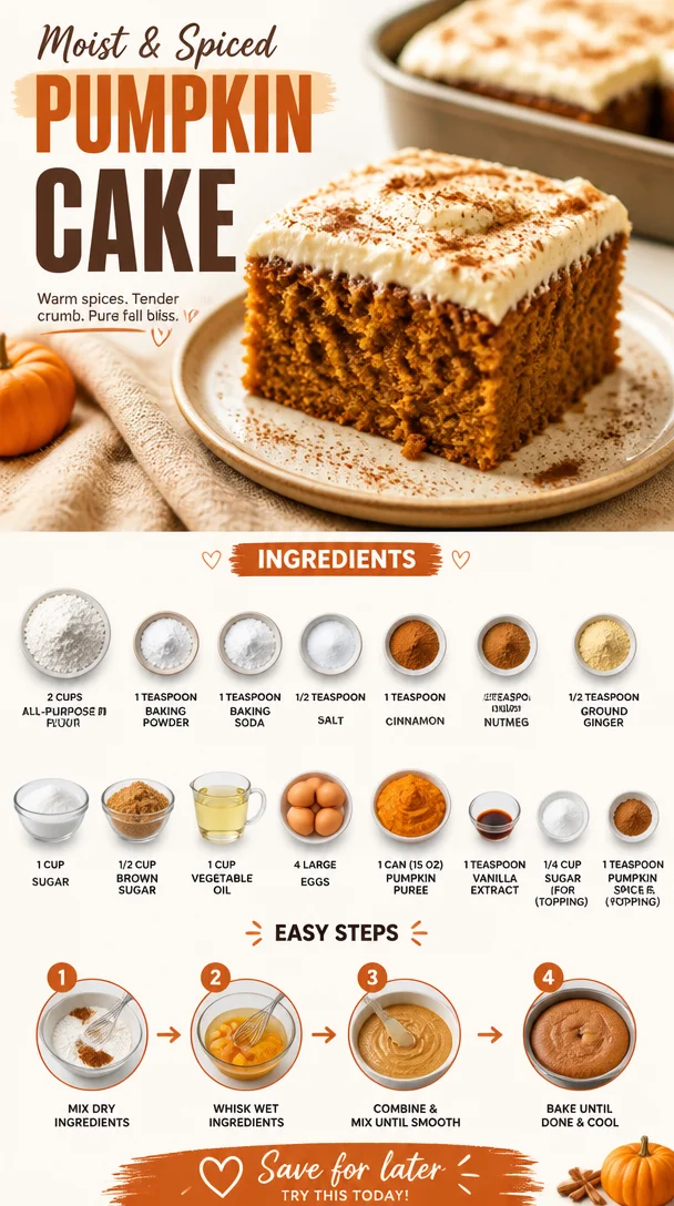 Homemade pumpkin cake topped with cream cheese frosting and pumpkin seeds.