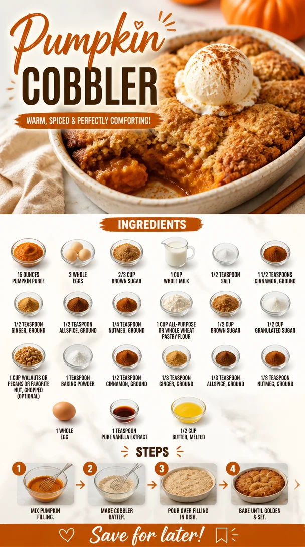Deliciously baked Pumpkin Cobbler served in a rustic dish with whipped cream on top.
