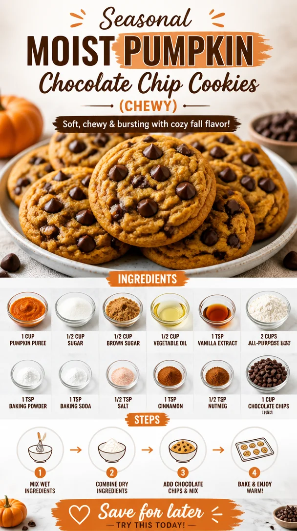 Chewy pumpkin chocolate chip cookies stacked on a plate