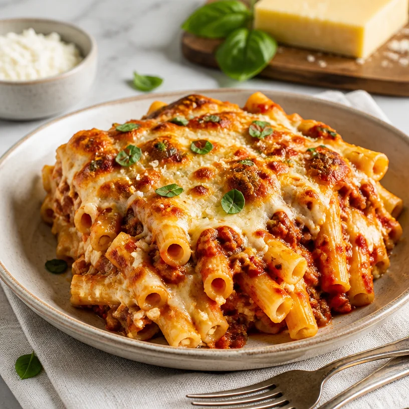Delicious baked ziti topped with melted cheese and parsley in a baking dish