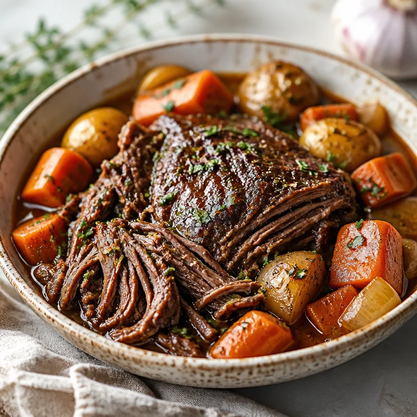 Delicious balsamic pot roast served with vegetables on a rustic plate.