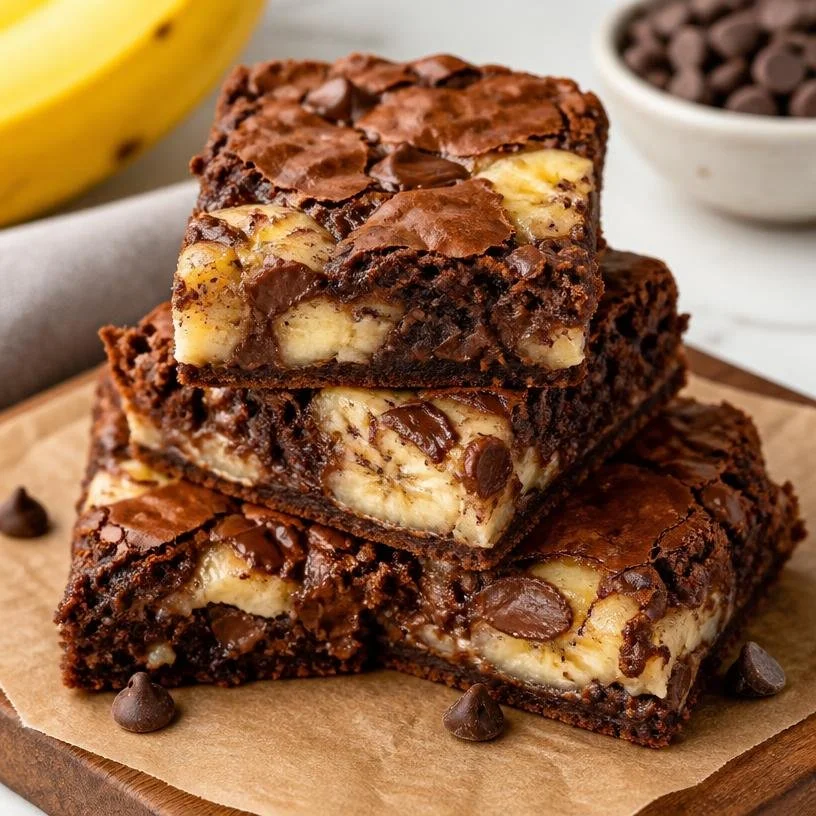 Delicious homemade banana pudding brownies with creamy topping and chocolate drizzle