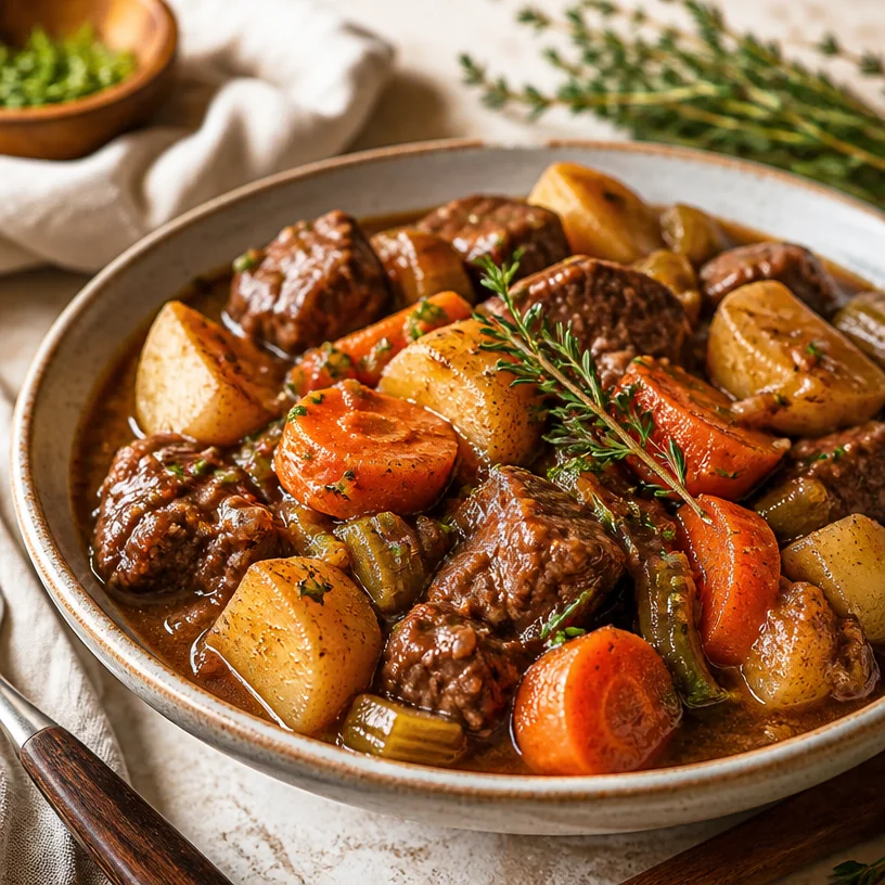 Hearty beef stew with vegetables in a rustic bowl