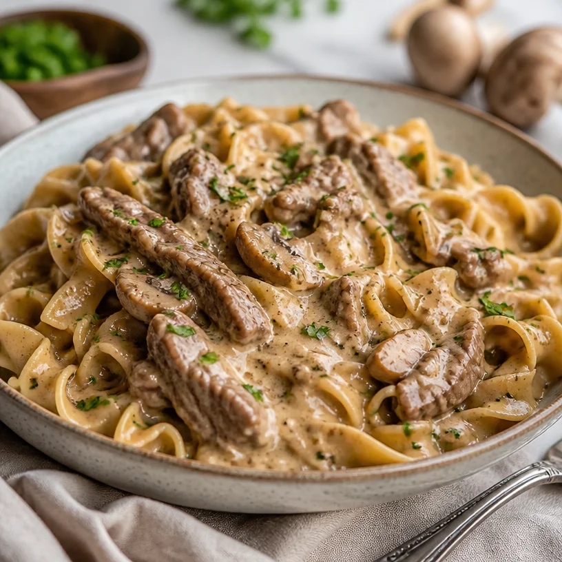 Delicious homemade Beef Stroganoff served over egg noodles