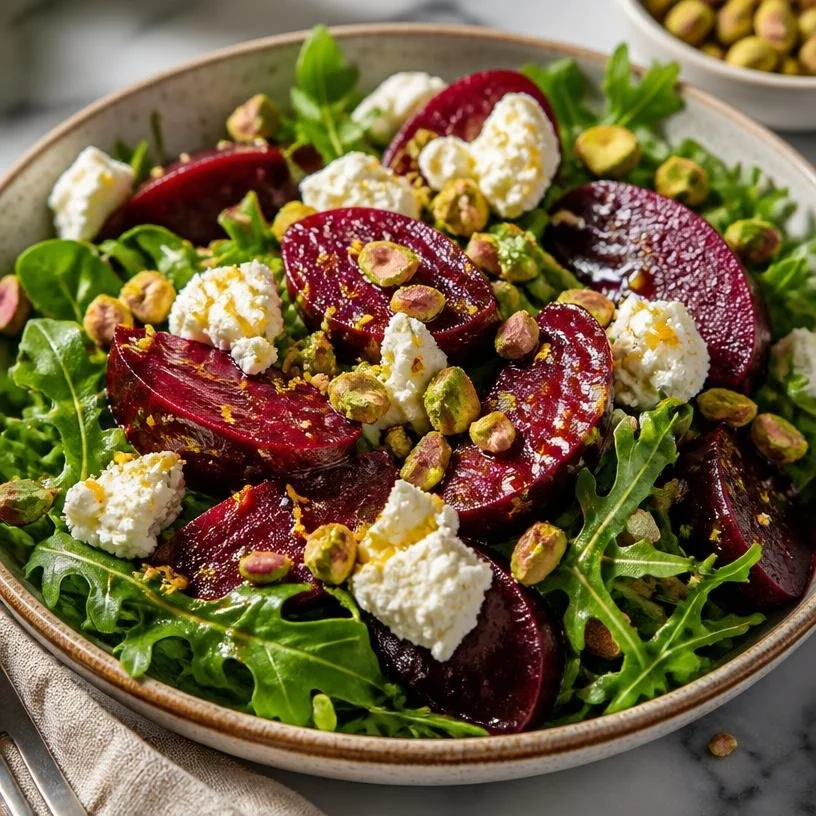 Colorful beet goat cheese salad meal prep bowl with greens and nuts