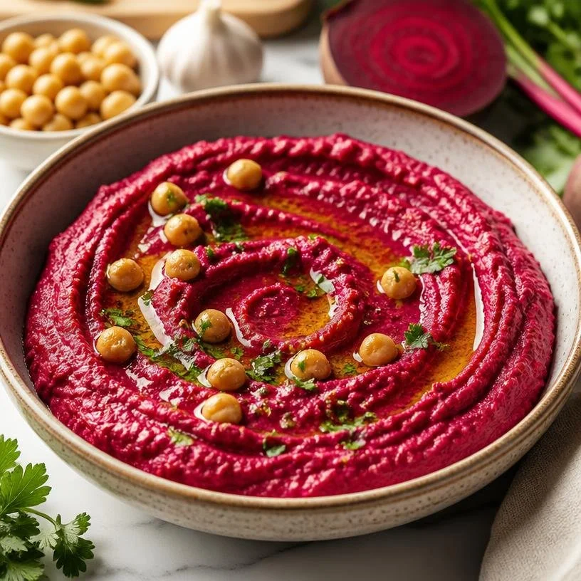Homemade beet hummus served with fresh veggies and pita bread.