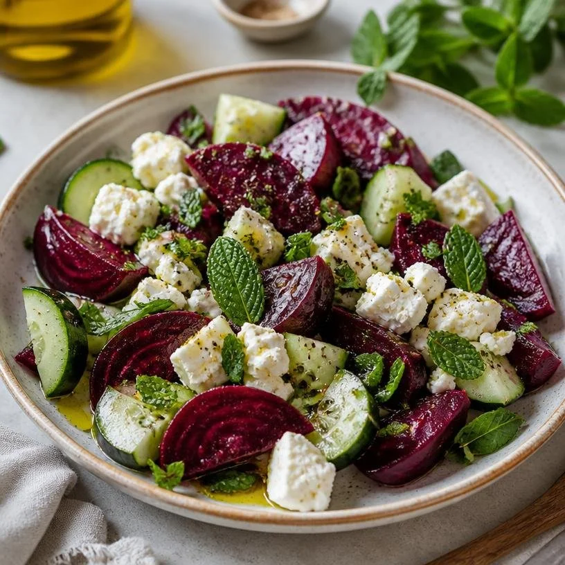 Beet Salad with Feta and Cucumber served in a bowl