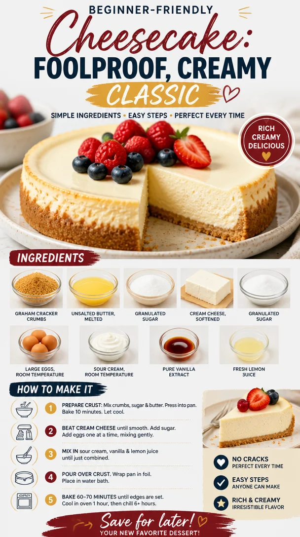 Foolproof creamy cheesecake topped with fresh berries and a buttery crust